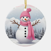 Personaliseren: Roze Sjaal Xmas Sneeuwman Keramisch Ornament (Voorkant)