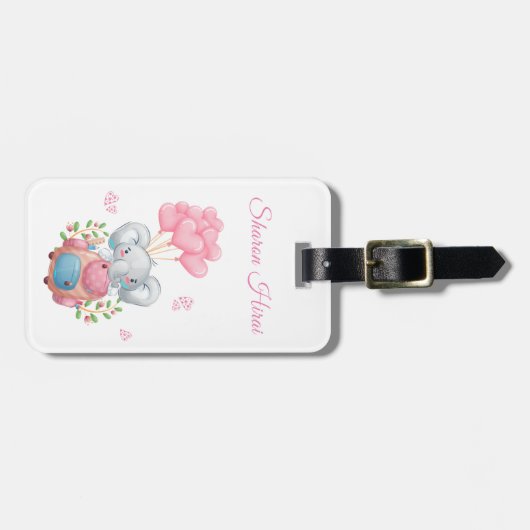 personaliseren | Schattig roze olifant Bagagelabel (Voorkant horizontaal)