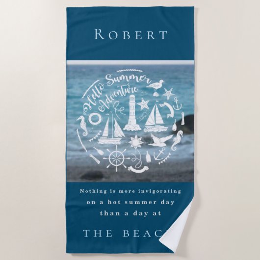 Personaliseren van marien thema Hallo zomeravontuu Strandlaken (Voorkant)