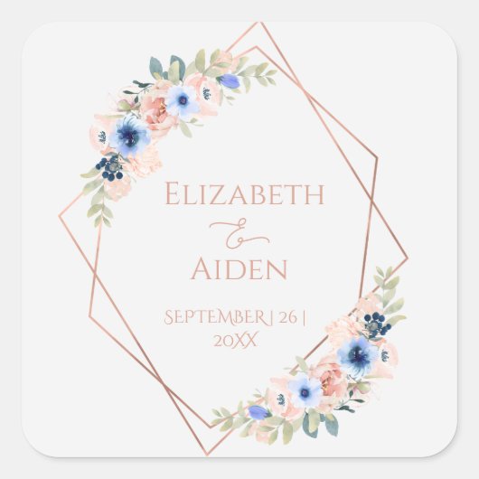 Personalisierbar Peach Blue Wedding Collection Vierkante Sticker (Voorkant)