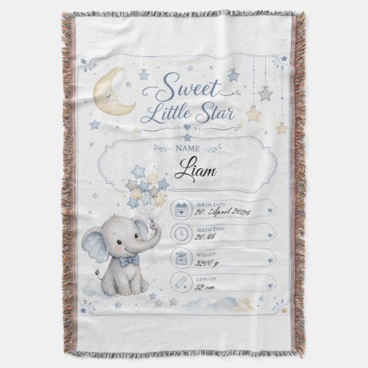 Personalisierbare Baby Geburtstafel mit Elefant Deken (Voorkant Verticaal)