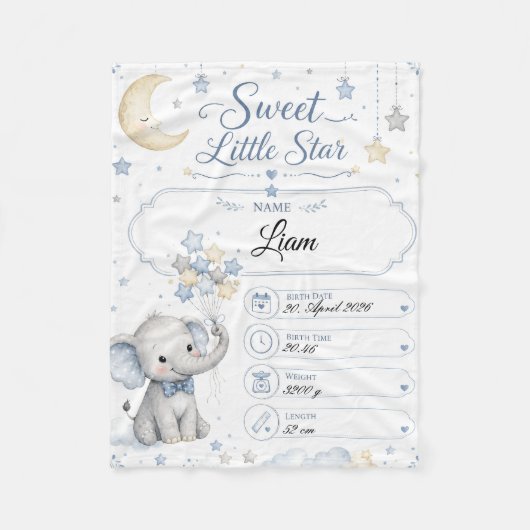 Personalisierbare Baby Geburtstafel mit Elefant Fleece Deken (Voorkant)