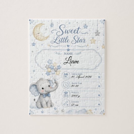 Personalisierbare Baby Geburtstafel mit Elefant  Legpuzzel (Verticaal)