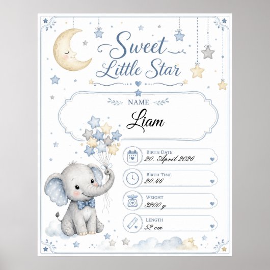 Personalisierbare Baby Geburtstafel mit Elefant Poster (Voorkant)
