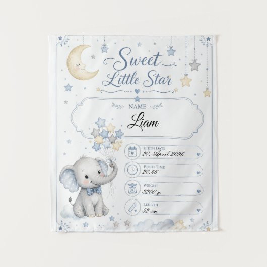Personalisierbare Baby Geburtstafel mit Elefant Wandkleed (Voorkant)