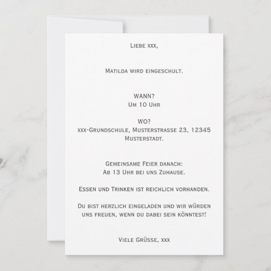 Personalisierbare Einladung Einschulung deutsch  Kaart (Achterkant)