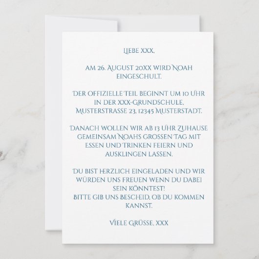 Personalisierbare Einladung Einschulung Junge  Kaart (Achterkant)