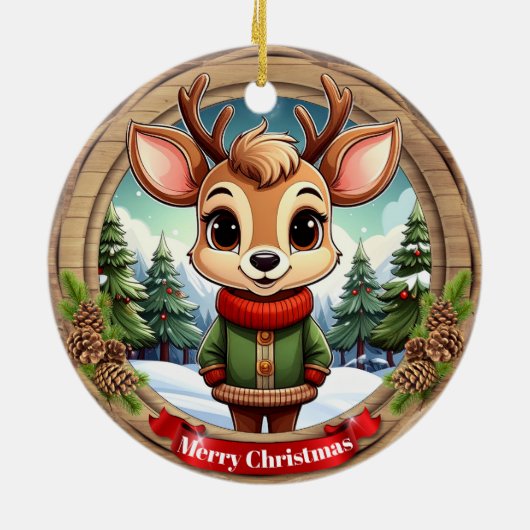 Personalizable cute reindeer character Art 🦌🎄 Keramisch Ornament (Achterkant)