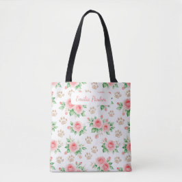 Personalizable Watercolor Rose and Paw Print Tote  Bag