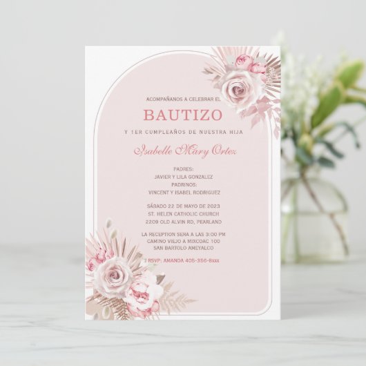 Personalizada de Bautizo para Niña con Flores Rosa Kaart (Staand voorkant)