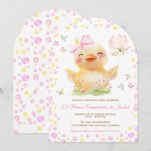 Personalizadas Primer Cumpleaños Niña Con Patito Kaart (Voorkant / Achterkant)