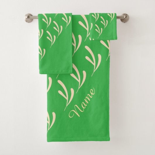 Personalize Beige Leaf Repeat Bright Green Bad Handdoek (Insitu)