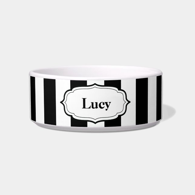 Personalize Black & White Stripe Ceramic Pet Bowl Voerbakje (Voorkant)