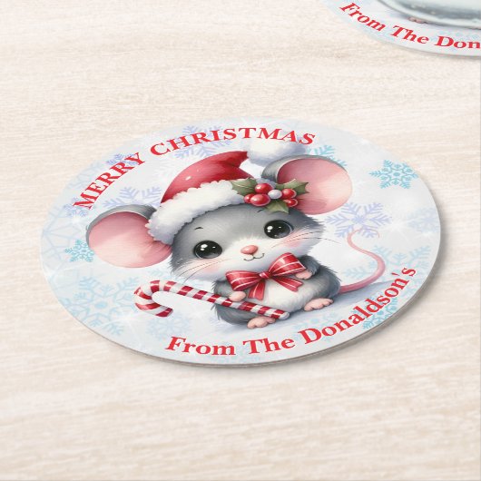 Personalize Christmas Mouse with Family Name Ronde Kartonnen Onderzetter (Gebogen)