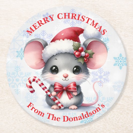 Personalize Christmas Mouse with Family Name Ronde Kartonnen Onderzetter (Voorkant)