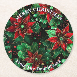 Personalize Christmas Poinsettias Family Name 6 Ronde Kartonnen Onderzetter