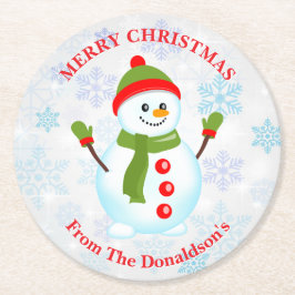 Personalize Christmas Snowman with Family Name Ronde Kartonnen Onderzetter