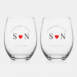 Personalize Love Shape Stem Wedding Monogram Wijnglas Zonder Voet