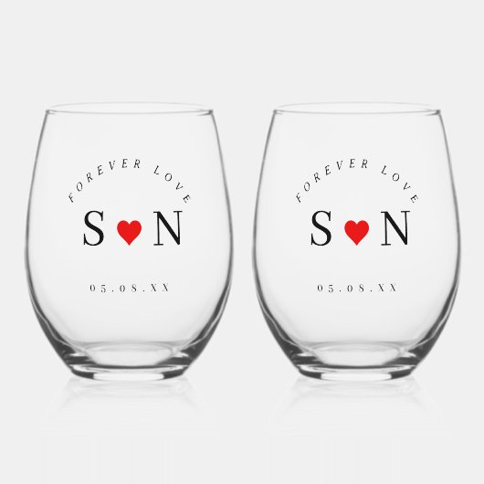 Personalize Love Shape Stem Wedding Monogram  Wijnglas Zonder Voet (Voorkant)