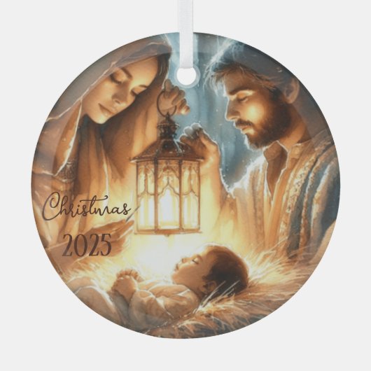 Personalize Mary & Joseph Watching Over Baby Jesus Glas Ornament (Voorkant)