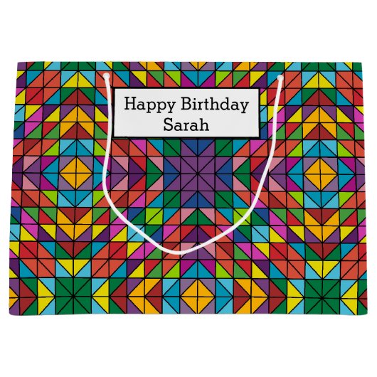 Personalize Name Quilt Pattern Happy Birthday Groot Cadeauzakje (Voorkant)