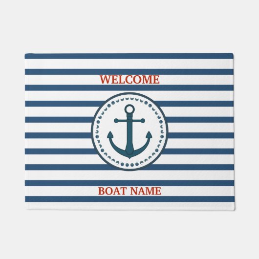 Personalize Nautical Blue Welcome Boat Name Stripe Deurmat (Voorkant)