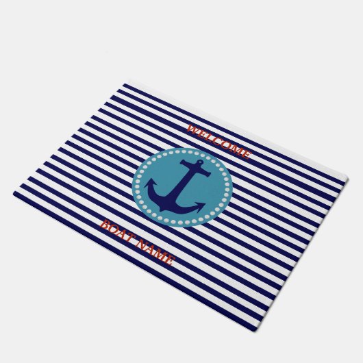 Personalize Nautical Blue Welcome Boat Name Stripe Deurmat (Schuin)