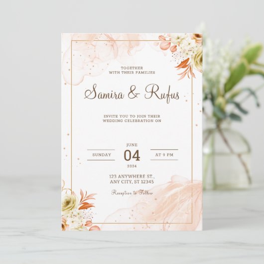 Personalize Pink floral wedding Invitation Kaart (Staand voorkant)