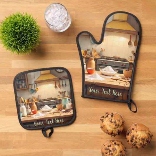 Personalize Set of 2 Kitchen Oven Mitt Potholder (Top down)