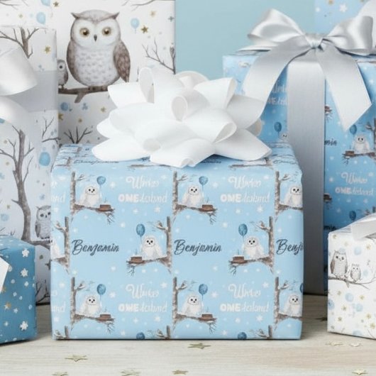 Personalize Snowy Owl Winter Onederland Birthday Cadeaupapier
