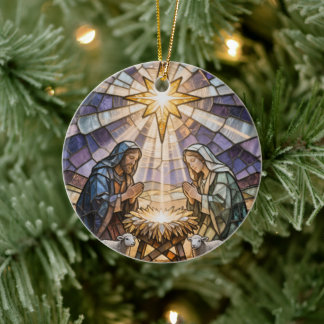 Personalize Stained Glass Nativity Scene Christmas Keramisch Ornament