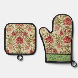 Personalize Vintage Rose Oven Mitt and Pot Holders Ovenwant & Pannenlap Set