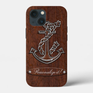 Personalize! Wet Nautical Mahogany Anchor Steel iPhone 13 Mini Hoesje