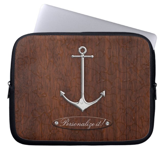 Personalize! Wet Nautical Mahogany Anchor Steel Laptop Sleeve (Voorkant)