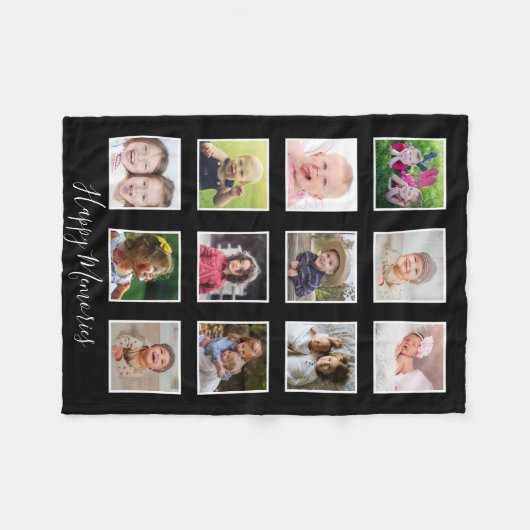 Personalized 12 Family Photo Collage Black   Fleece Deken (Voorkant (Horizontaal))