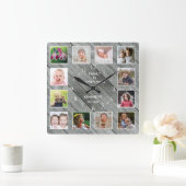 Personalized 12 Photo Collage Farmhouse Gray Wood Vierkante Klok (Huis)