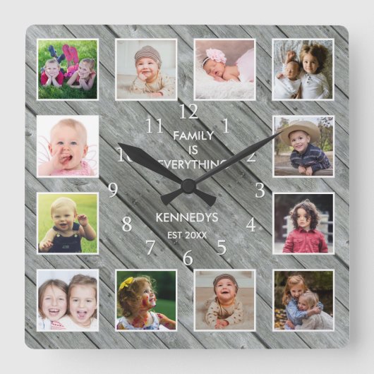Personalized 12 Photo Collage Farmhouse Gray Wood Vierkante Klok (Voorkant)