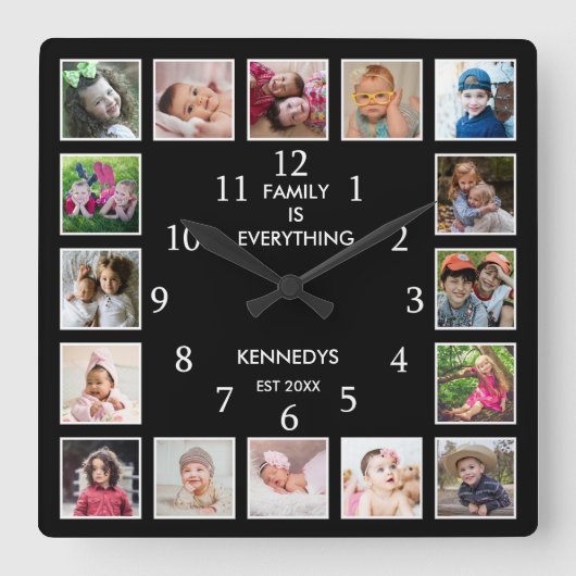 Personalized 16 Photo Collage Family Quote Black Vierkante Klok (Voorkant)