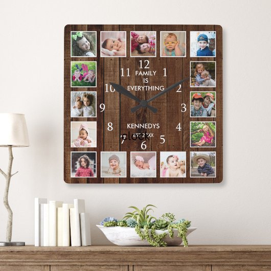 Personalized 16 Photo Collage Quote Dark Wood Vierkante Klok