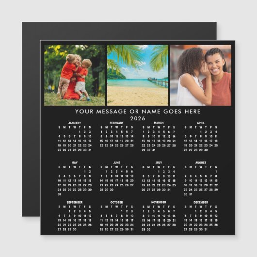 Personalized 2026 Calendar 3 Photo Collage Magnet (Voorkant / Achterkant)