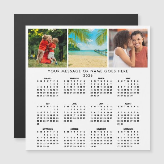 Personalized 2026 Calendar 3 Photo Collage Magnet (Voorkant / Achterkant)