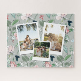 Personalized 3 Photo Green Floral Background Legpuzzel