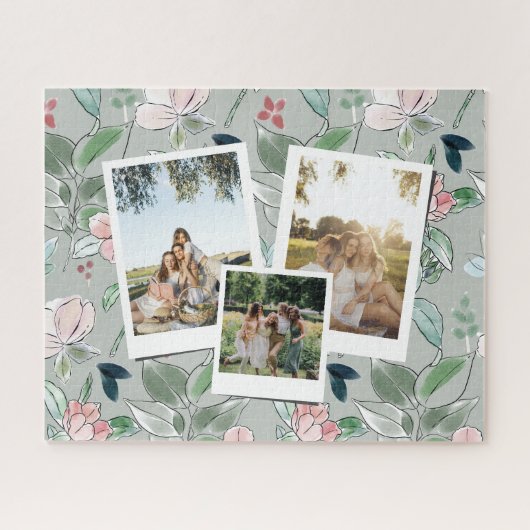 Personalized 3 Photo Green Floral Background Legpuzzel (Horizontaal)