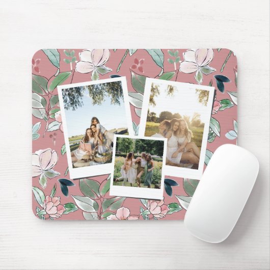 Personalized 3 Photo Pink Floral Background  Muismat (Met muis)