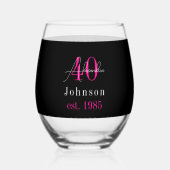 Personalized 40th Birthday Black Hot Pink Wijnglas Zonder Voet (Voorkant)