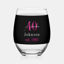 Personalized 40th Birthday Black Hot Pink Wijnglas Zonder Voet