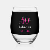 Personalized 40th Birthday Black Hot Pink Wijnglas Zonder Voet (Achterkant)
