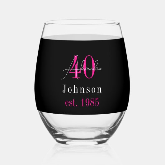 Personalized 40th Birthday Black Hot Pink Wijnglas Zonder Voet (Achterkant)