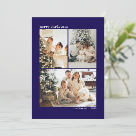 Personalized 4 Family Photo Collage Deep Blue Feestdagenkaart (Staand voorkant)