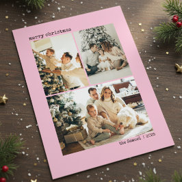 Personalized 4 Family Photo Collage Pink Color Feestdagenkaart